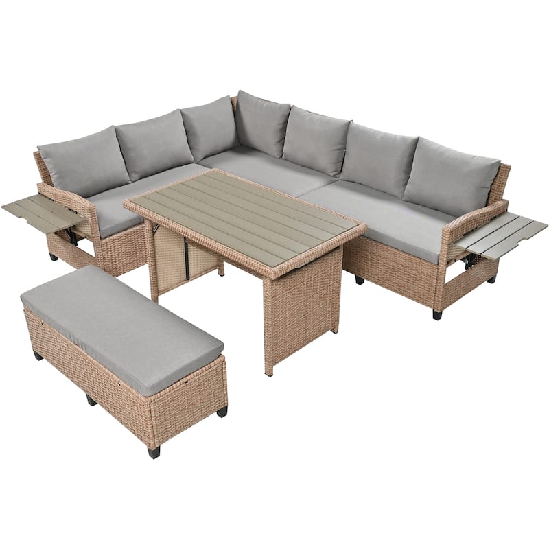 Roomfitters 5-Piece Outdoor Rattan Sofa Set, Patio Sectional Furniture with Dining Table, Storage Bench, Side Trays