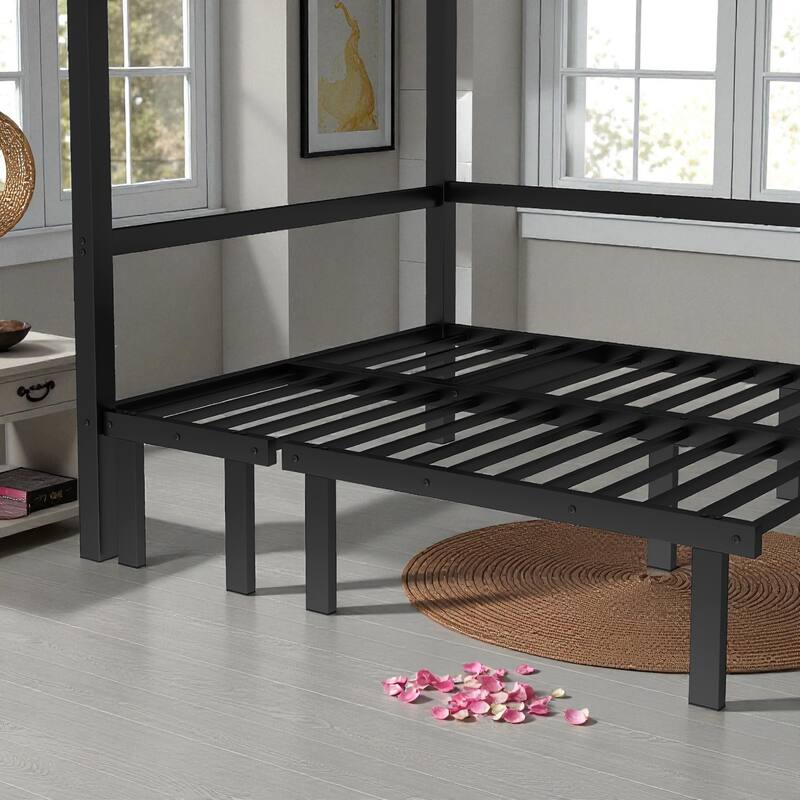 Full over Full / Queen over Queen Metal Bunk Bed with 3-Section Pull-Out Lower Bed and Safety Guardrails