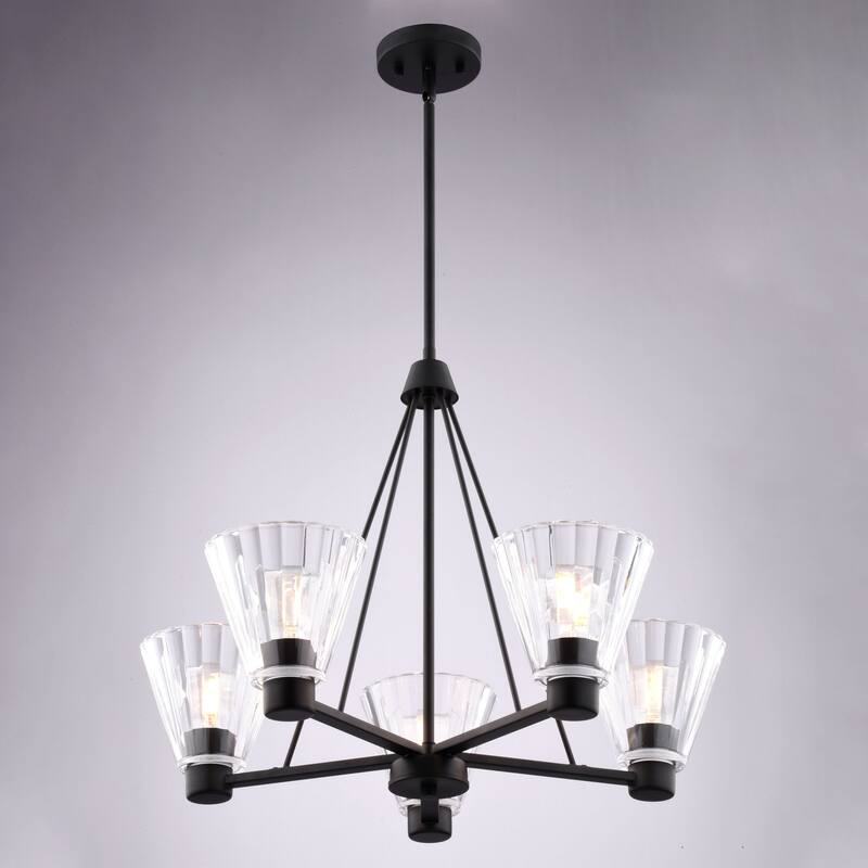 Dalton 5-Light Black Round Chandelier, Clear Glass Shade, Pendant Fixture r Dining Table Kitchen Entryway Bedroom Island