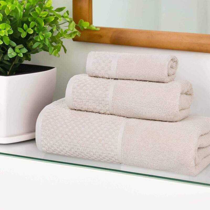 Superior Lodie Cotton Plush Absorbent Jacquard Solid 3 Piece Towel Set - Ivory