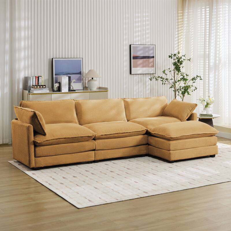3-Seat Corduroy Modular Sofa with an Independent Removable Ottoman for Living Room or Business
