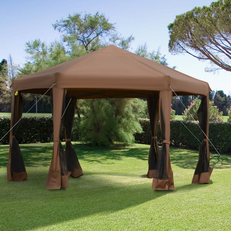 Outsunny 13' x 11' Hexagonal Pop Up Gazebo, Heavy Duty Outdoor Canopy Tent - Dark Brown