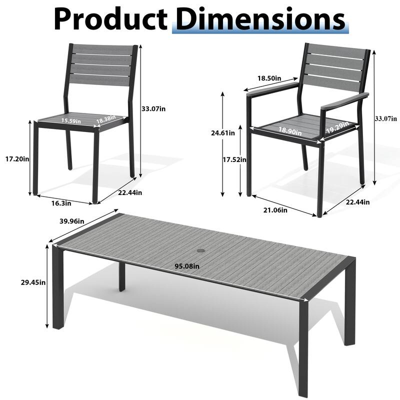 9-Piece Outdoor Patio Dining Set Wood Like Table Top Aluminum Rectangular Umbrella Hole Table with Stackable Dining Chairs