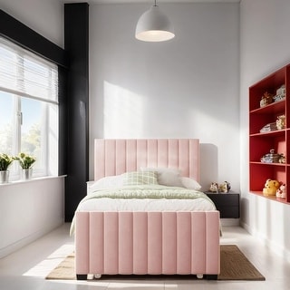 Twin Size Velvet Platform Bed with Pull-out Cord Twin Size Trundle, Upholstered Bed with Wooden Support Legs, Pink