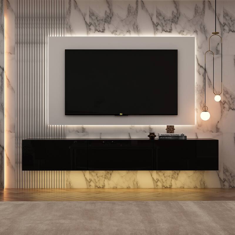 63" Floating Entertainment Center, Wall Mount LED TV Stand High Gloss