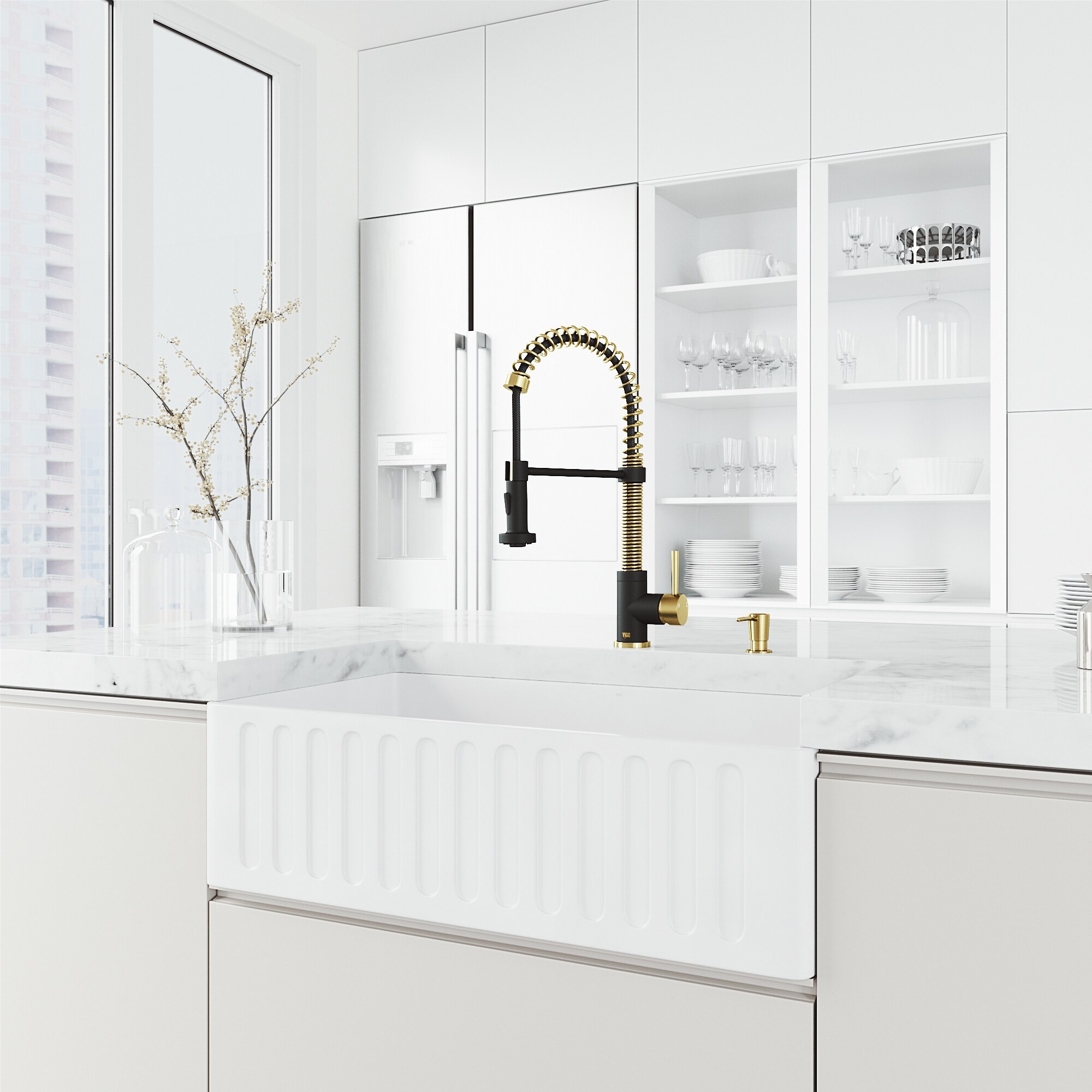 Shop Vigo 33 In Matte Stone Tm Slotted Apron Front Farmhouse Kitchen Sink And Faucet In Matte Brushed Gold And Matte Black On Sale Overstock 31673860