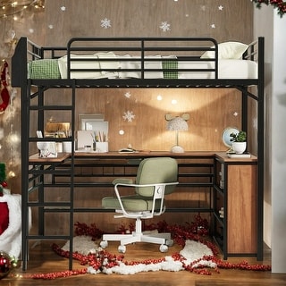 Artsy Twin Size Metal Loft Bed with 3 Layers and L-shaped Desk, Black