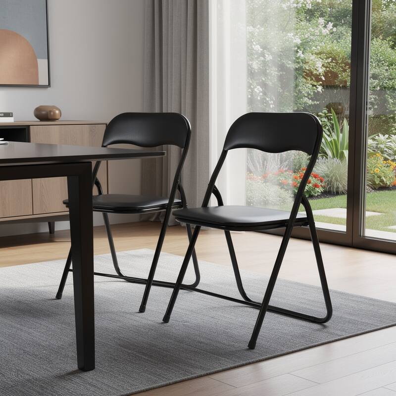 HomeRoots Set of Two Black Faux Leather and Steel Folding Chairs - 15.40 in. x 31.10 in. x 16.90 in. - Set of 2 - 15.40 in. x 31.10 in.  x 16.90 in. - Black