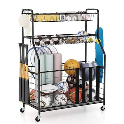 Gymax Garage Sports Equipment Organizer w/ Wheels Hooks & Baskets for