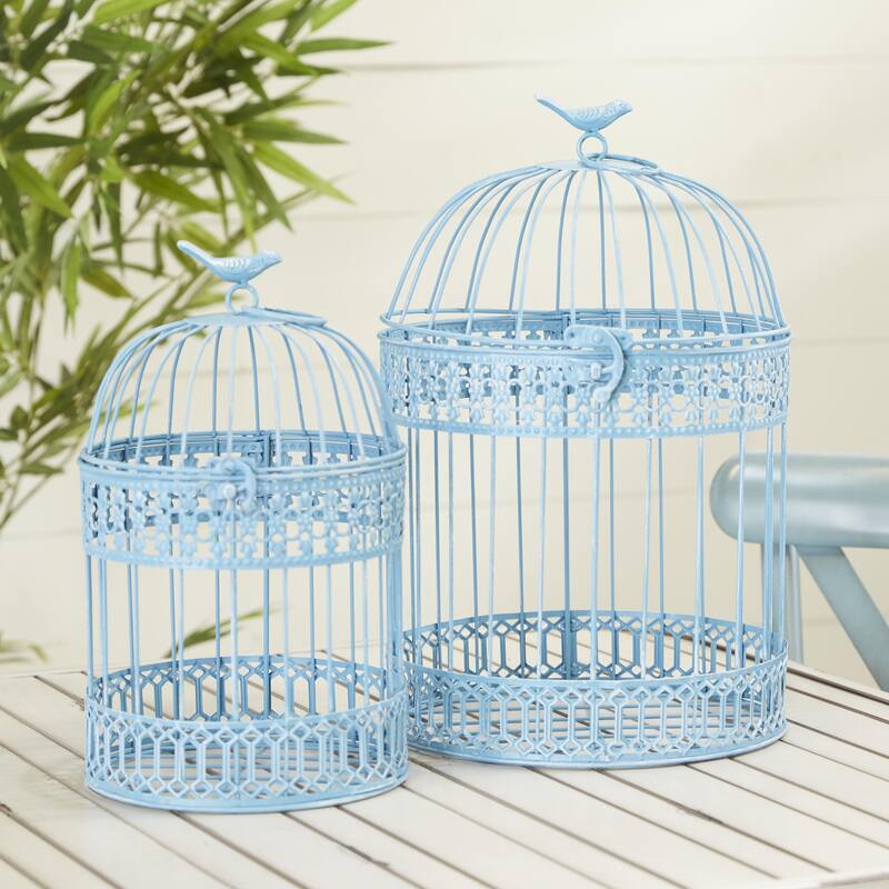 Metal Birdcage with Latch Lock Closure and Hanging Hook - Set of 2 Blue or White - Roche River Decor