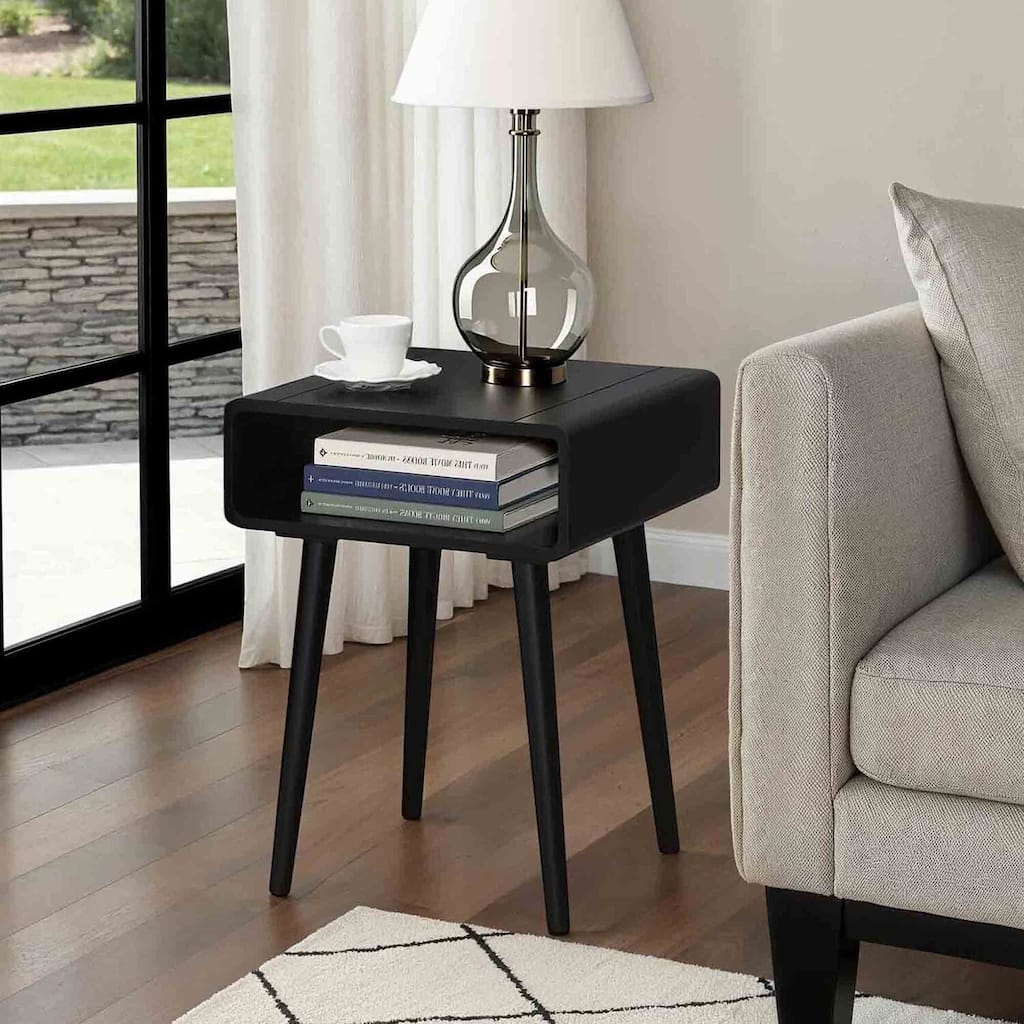 Mid Century Inspired Napa End Table with Open Shelf, Curved Edges, Solid Wood Tapered Legs and Spacious Storage Top - 18