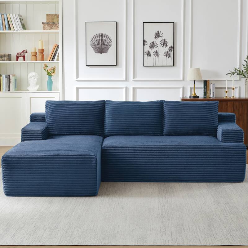 Rossetta L-Shaped Left-Facing Modular Classic Corduroy Fabric Striped Sectional Sofa with Deep Seat - Blue