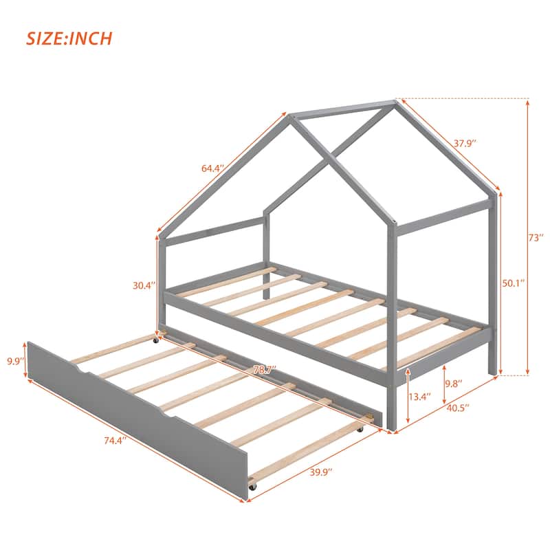 Wooden House Bed With Trundle