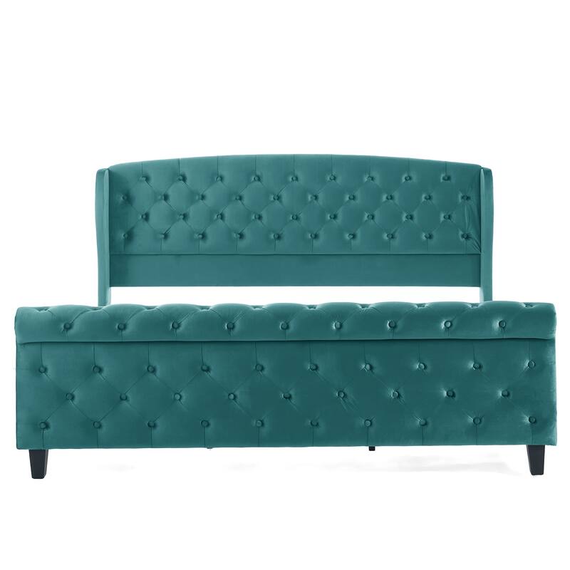 Christopher Knight Home - Amara Traditional Velvet Upholstered Sleigh Bed with Wingback Headboard & Scroll Footboard, King Size