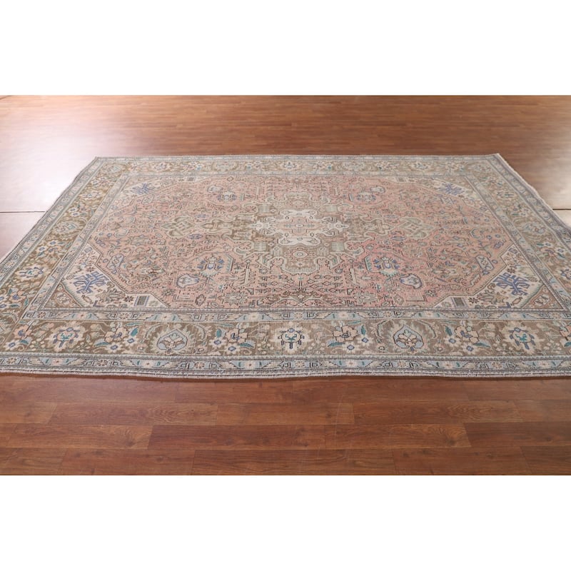 Pink Geometric Tabriz Persian Vintage Rug Hand-Knotted Wool Carpet - 6'5" x 9'9"