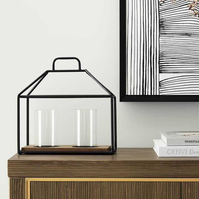 15" Black Metal Glass And Wood Geometric Two Light Hurricane Candle Holder - Black