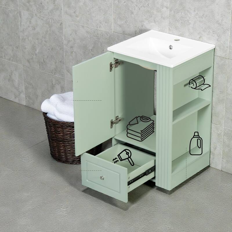 20" Small Bathroom Vanity with Ceramic Sink, Soft-Close Drawer, Open Shelves & Towel Bar, Modern MDF Freestanding Cabinet