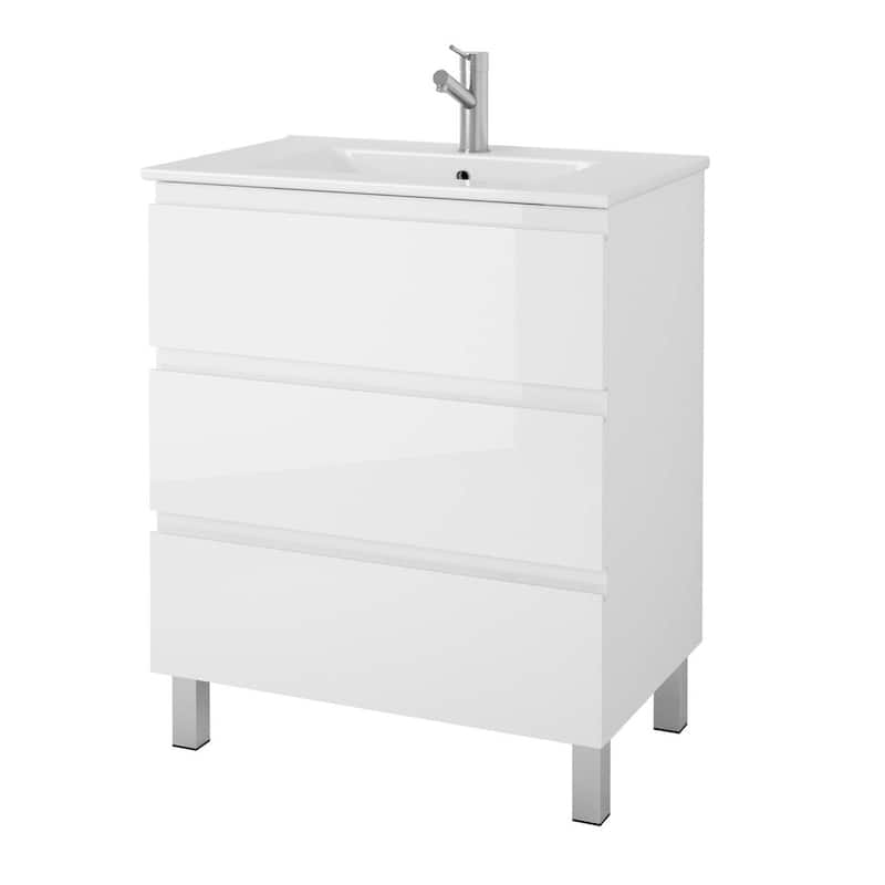 HomeRoots 28" White Wood Freestanding Bathroom Vanity With White Sink And Three Drawers - 28.00 in. x 33.12 in. x 17.88 in.