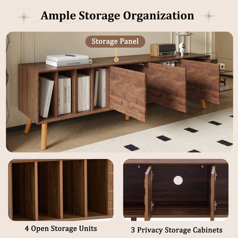 Mid-Century Modern TV Stand, Media Console, for TVs up to 80" with 4 Open Storage Compartments, for Living Room and Bedroom