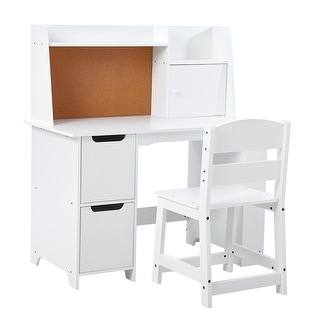 White Study Desk and Chair Set - Features Bookshelf, Bulletin Board