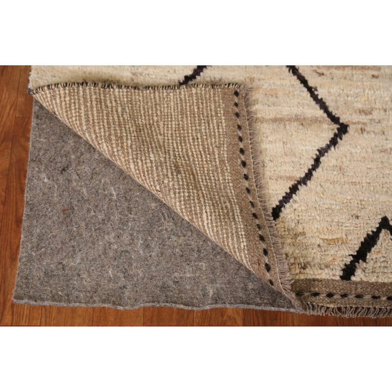 Geometric Moroccan Oriental Rug Hand-Knotted Beige Wool Carpet - 6'7" x 9'11"