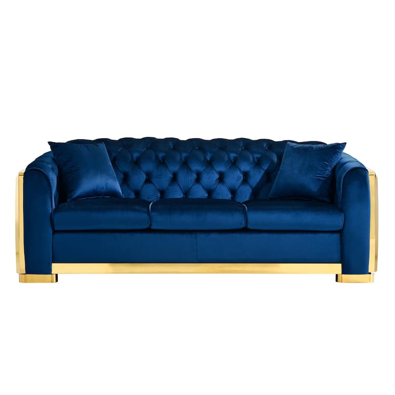 Velvet Chesterfield Sofa Set - 3-Seat Tufted Couch with Gold Stainless for Living Room