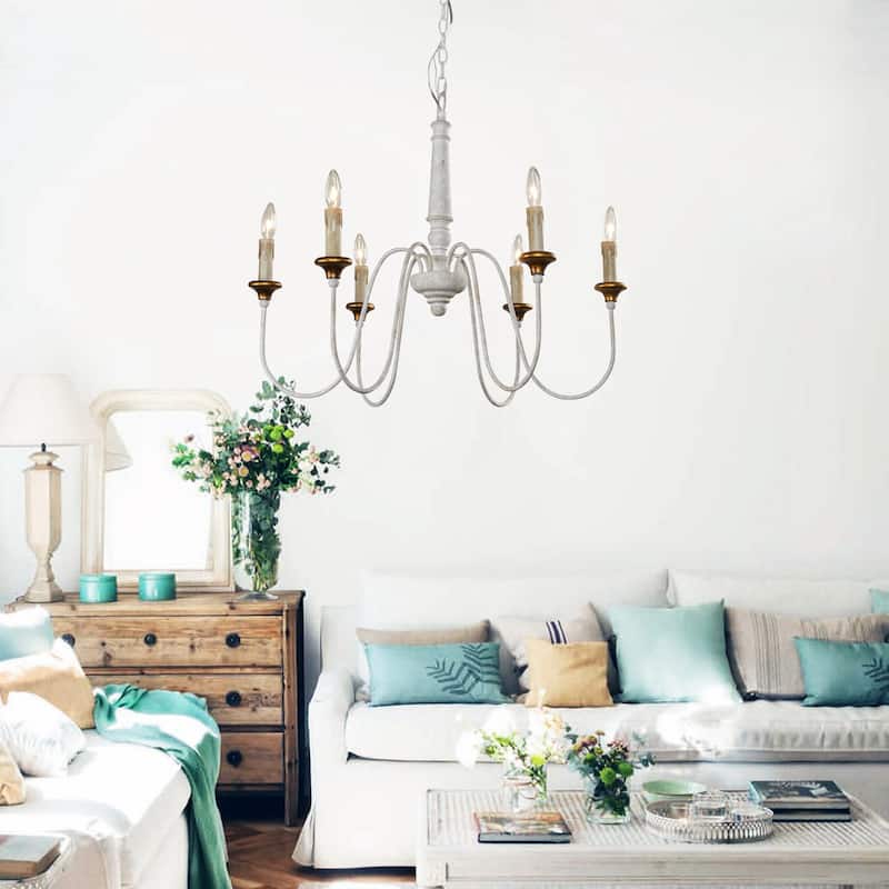 6-Light White Mid-Century Modern Dry rated Chandelier - 30.7 inches Lx 30.7 inches W x 25.2 inches H