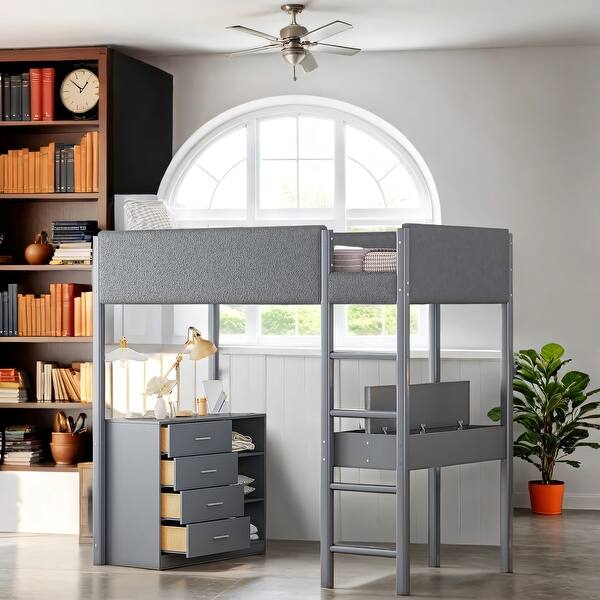slide 2 of 13, Twin Size Bunk Bed With Storage Spaces And Desk, Kids' Loft Beds Grey