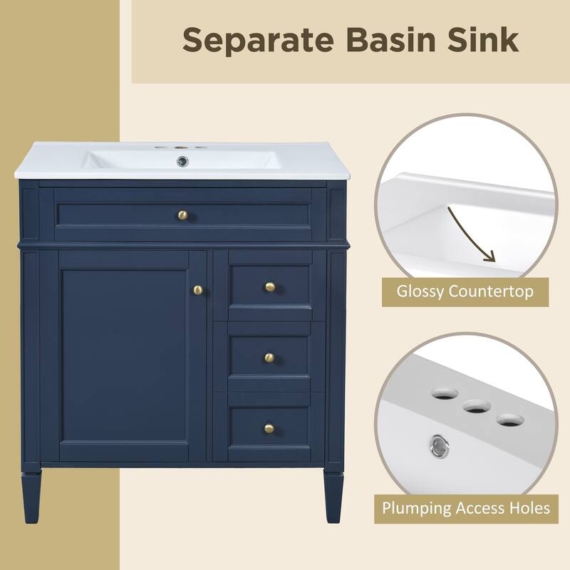 30 Inch Bathroom Vanity with Ceramic Top, 2 Storage Drawers, Tip-Out Tray, Solid Wood Frame Cabinet
