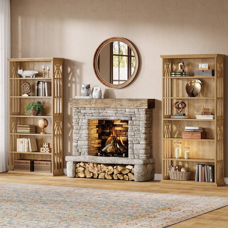 6 Tier Bookshelf, 75 Inch Tall Bookcase, Freestanding Display Shelves - Light Brown - 2-Piece