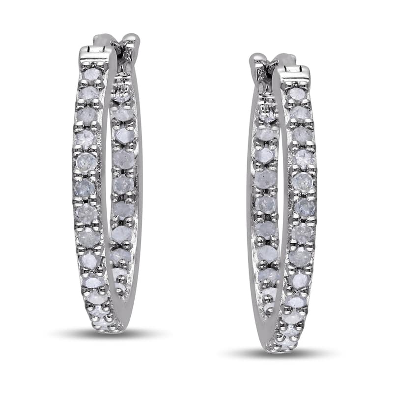 Miadora Sterling Silver 1/2ct TDW Diamond Inside Outside Hoop Earrings - 18 mm x 1.8 mm x 18 mm - 18 mm x 1.8 mm x 18 mm