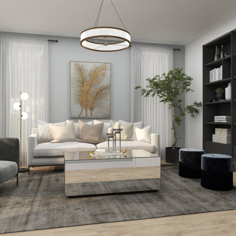 Silver Glass Mirrored Rectangle Living Room Coffee Table with Elevated Base