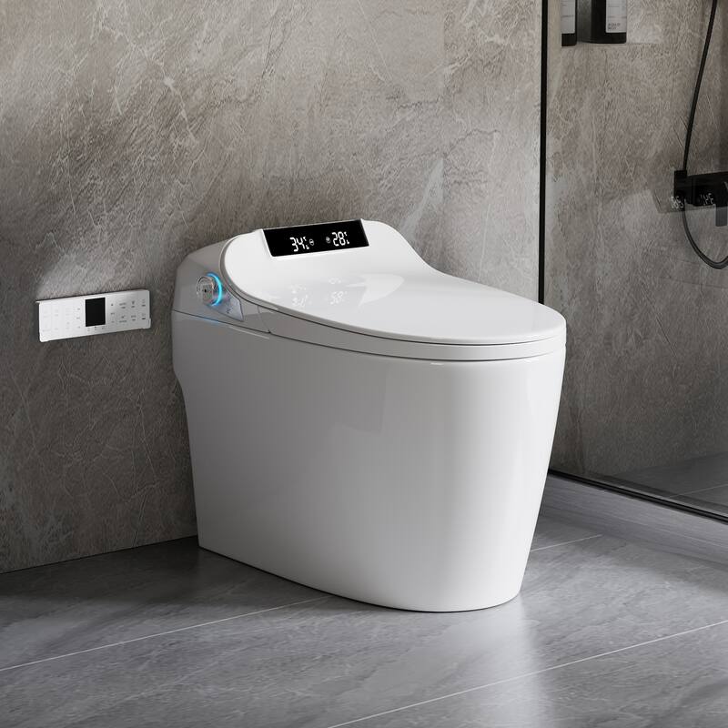 Smart Toilet Bidet Combo with Foot Sensor Open Cover/Seat, Self-Cleaning Nozzle,Knob Control, Soft Close, Auto Flush - Gloss White