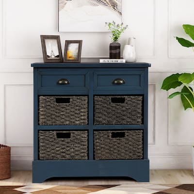 28'' Wood 2 Drawers Storage Cabinet with 4 Rattan Basket