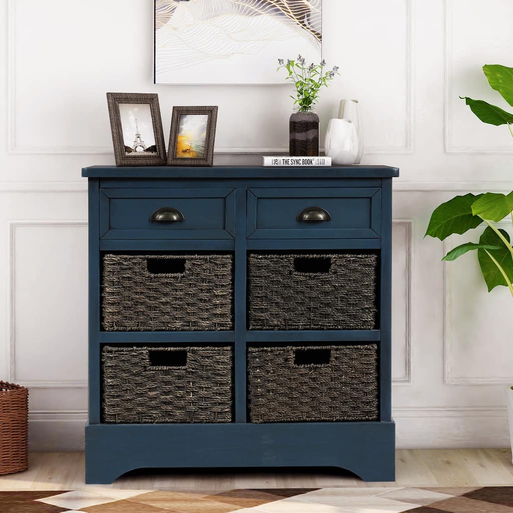 28'' Wood 2 Drawers Storage Cabinet with 4 Rattan Basket