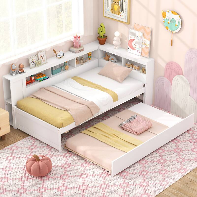 Gymax Twin Size Daybed w/ Trundle Bedside Shelves Reversible Bookcase - White - Twin