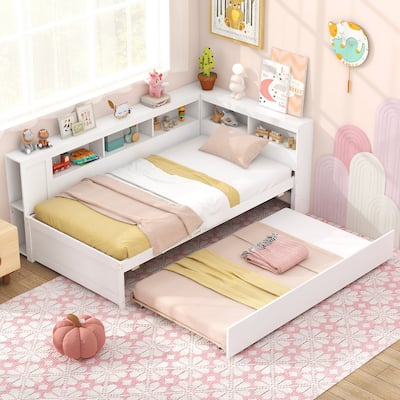 Gymax Twin Size Daybed w/ Trundle Bedside Shelves Reversible Bookcase