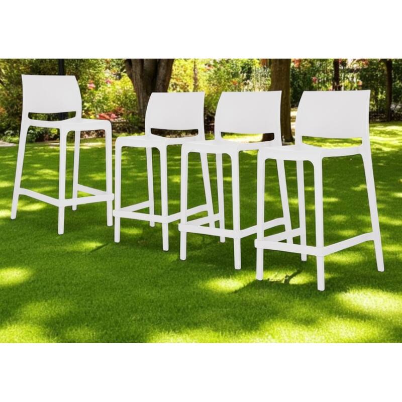 HomeRoots Set of Four 26" White Heavy Duty Plastic Low Back Outdoor Counter Height Bar Chairs - White