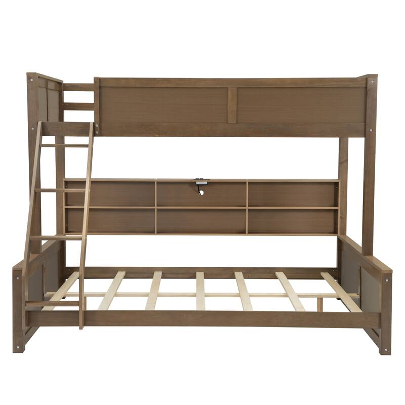 Twin XL over Queen Bunk Bed with Storage Cabinets and USB Ports in Antique Wood Finish
