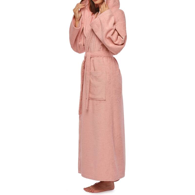Women's Hooded Long Bathrobe Terry Cotton - Full Ankle Length Spa Robe - Powder Pink - L/XL