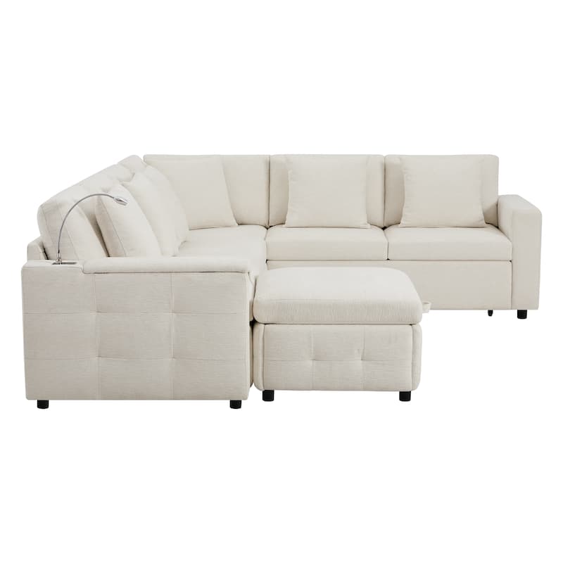 Roomfitters 117"x90" Modular Sectional Sofa Bed with Pull-Out Design, Flip-Up Table, Charging Ports, Storage Ottoman