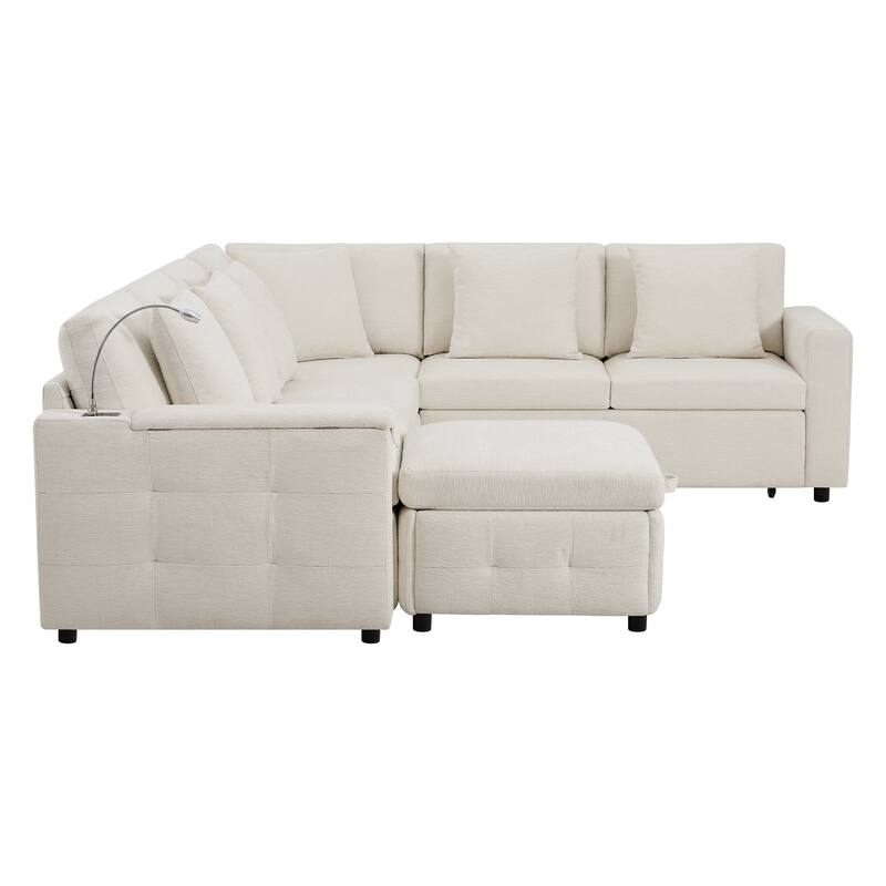 Tufted Chenille Sectional Sofa with Pull-out Bed, Flip-up Table Panel, Reading Lamp, Charging Ports, Storage Ottoman, 6 Pillows