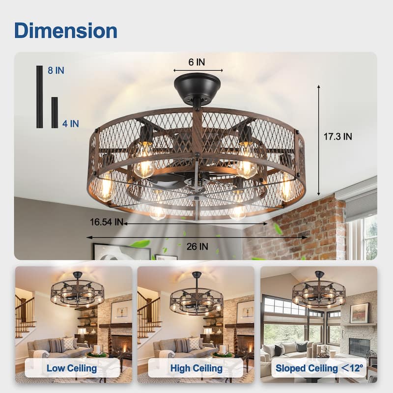 20-26" Caged outdoor Ceiling Fan with Light: Remote App Control-Farmhouse Fandelier Flush Mount Fixture Reversible 6 Speed Timer