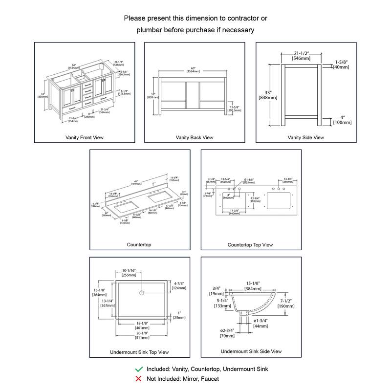 Blossom Geneva 60" Freestanding Bathroom Vanity with Marble Top & Sink