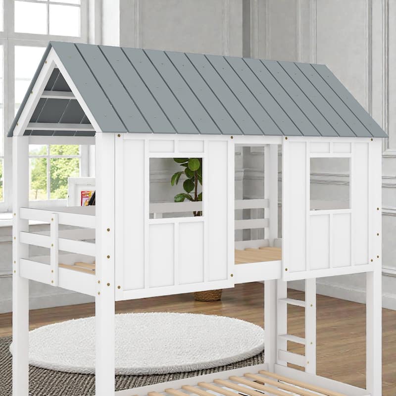 Twin House Bunk Bed with Trundle, Roof and Window Design, Solid Wood Triple Bed Frame for Kids Bedroom