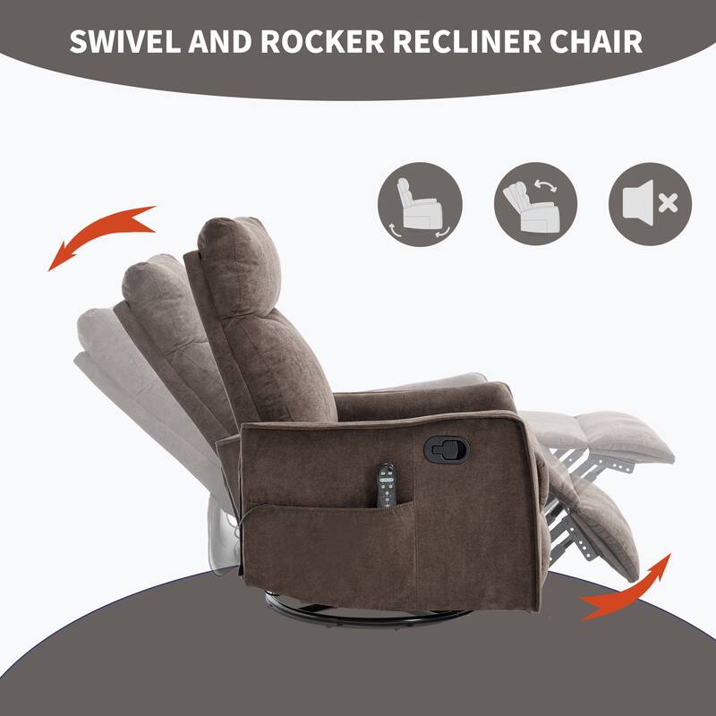 Roomfitters Swivel Rocker Recliner Chair, Manual Fabric Massage Armchair with Heat and 360-Degree Motion, Living Room