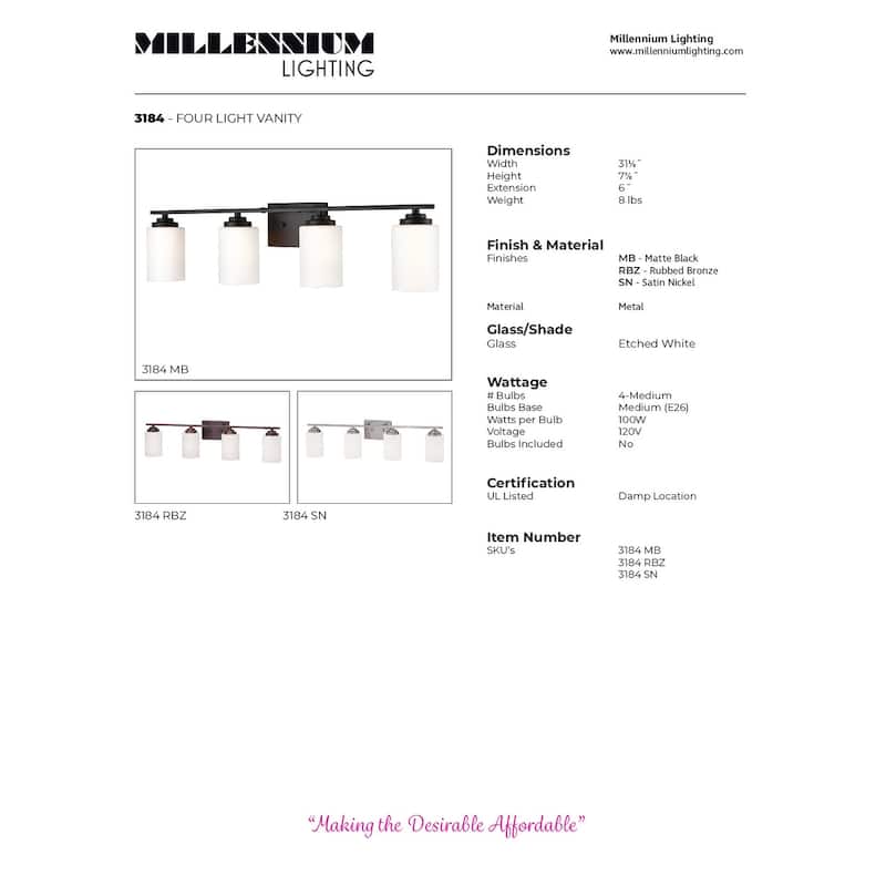 Millennium Lighting Durham Metal 4 Light Vanity Light with Frosted Glass Shades