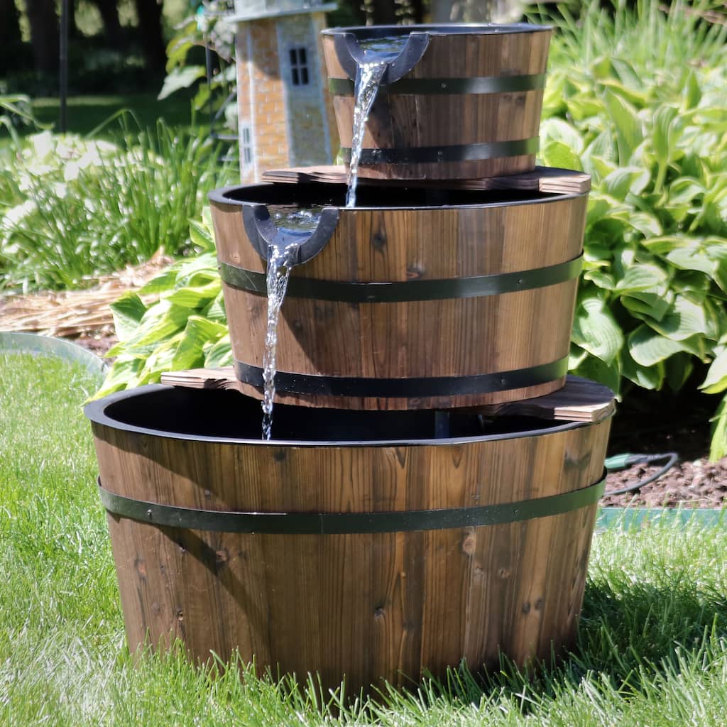 Rustic 3-Tier Wood Barrel Outdoor Water Fountain Garden Feature - 30"