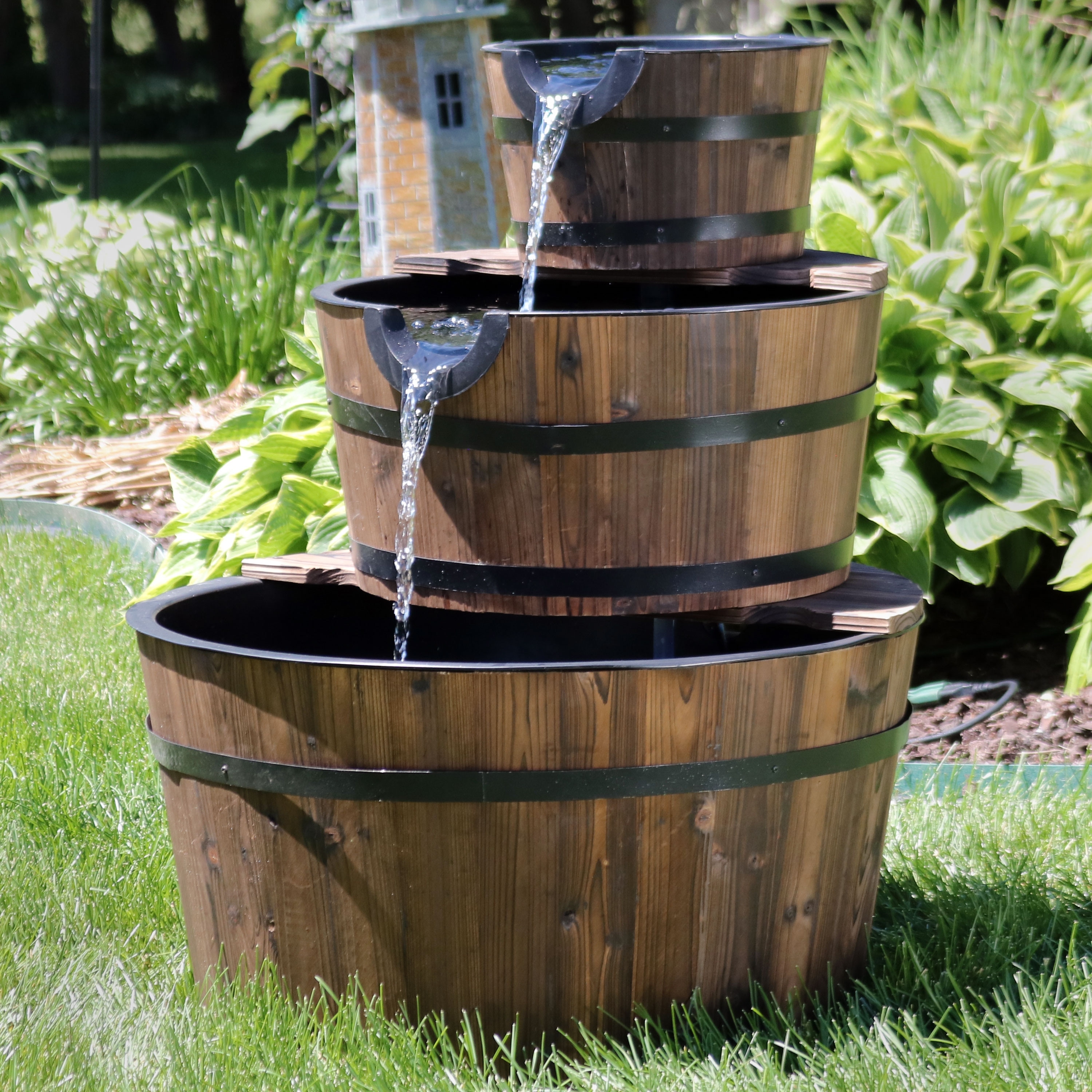 Rustic 3-Tier Wood Barrel Outdoor Water Fountain Garden Feature - 30"