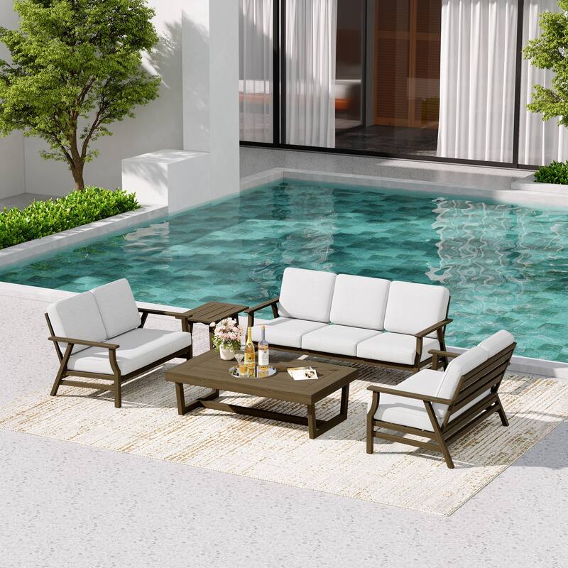 Teak Outdoor Seating Set with Daybed & Tables.